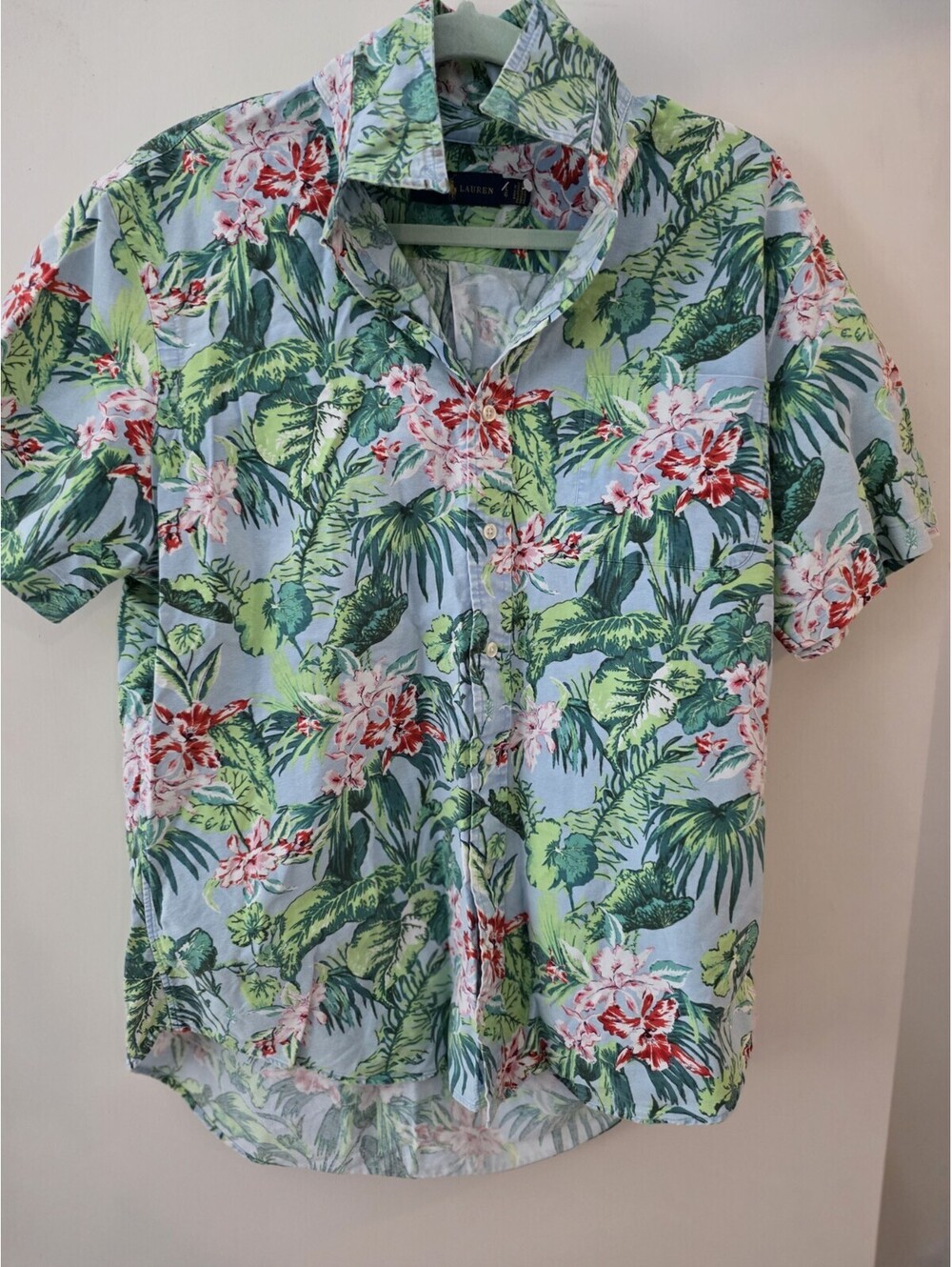 Ralph Lauren Men L Slim Fit Tropical Floral Palm Short Sleeve Button Down Shirt